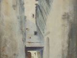 tableau représentant un homme assis dans l'embrasure de la porte d'un immeuble, dans une ruelle