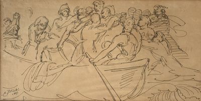drawing of a group of people in a boat on a body of water