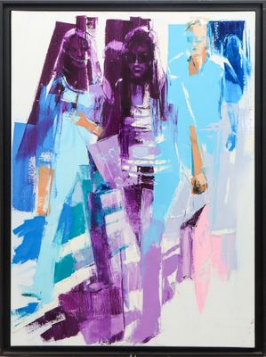 a painting of purple and blue abstract figures on a white background