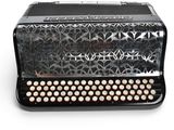 an image of a black accordion sitting on top of a white table