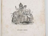 an old book with a drawing of a castle on top of it