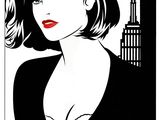 a black and white drawing of a woman in a black dress