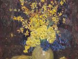 painting of yellow and blue flowers in a green vase on a yellow cloth