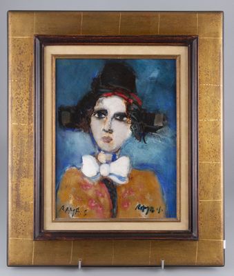 tableau représentant une femme portant un haut-de-forme et un nœud papillon, dans un cadre doré