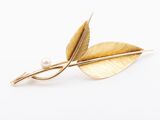 a close up of a gold leaf brooch with a pearl