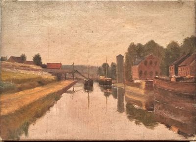 painting of a canal with boats and buildings in the background