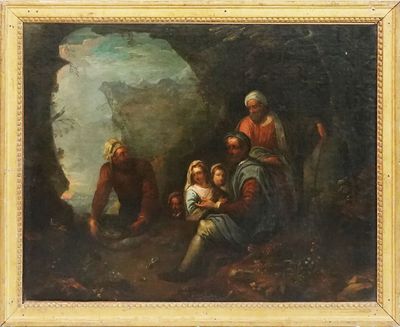 une peinture à l'huile représentant une famille dans une grotte, avec un homme tenant un enfant dans ses bras