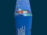 a blue box with a picture of a santa clause on it