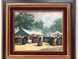 an oil painting of a group of people at an outdoor market