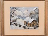 un tableau représentant une cabane dans la neige, avec une clôture