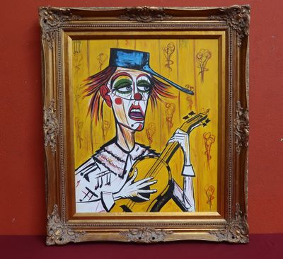 painting of a clown playing a guitar on a red wall