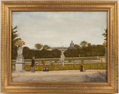 une peinture à l'huile représentant des personnes assises dans un jardin, avec un bâtiment en arrière-plan