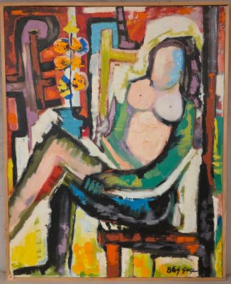 un tableau représentant une femme assise sur une chaise avec un vase de fleurs