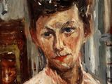 une peinture à l'huile représentant une femme assise sur une chaise devant un miroir