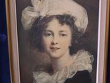 painting of a woman with a white hat and a blue dress