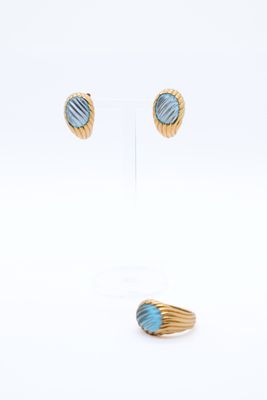 a pair of earrings and a ring on a white surface