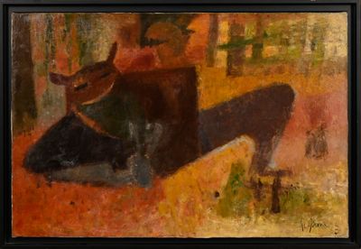 une peinture à l'huile représentant une femme assise sur une vache dans un champ