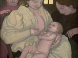 tableau représentant une femme tenant un bébé dans une pièce où se trouvent d'autres personnes