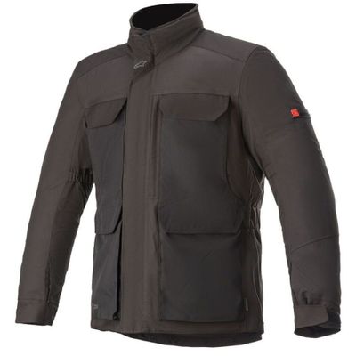 the alpine jacket in black with a red patch on the chest