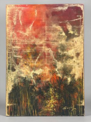 un tableau représentant un ciel rouge avec des nuages et des arbres au premier plan