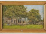 an oil painting of a house in a field next to a tree