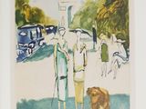 a painting of people and a dog on the street