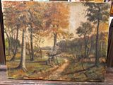 un tableau représentant un banc dans les bois, au bord de l'eau