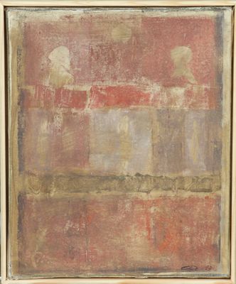 un tableau représentant un tableau rouge et marron avec un cadre blanc