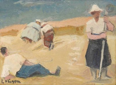 un tableau représentant des personnes sur la plage en train de jouer avec une batte de baseball