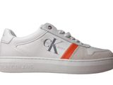 a close up of a pair of white sneakers with an orange stripe