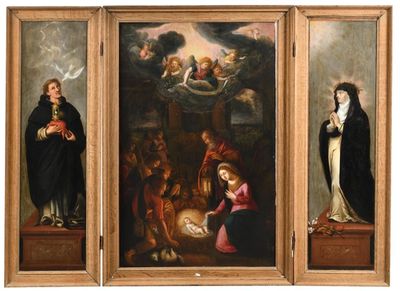 three paintings of the nativity of jesus and mary in a manger