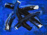 blue and black abstract painting of a cross on a blue background