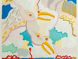 an image of a painting of a seagull flying over a beach