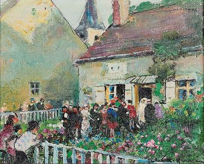 un tableau représentant un groupe de personnes debout devant une maison