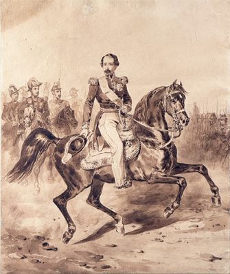 painting of a man riding a horse with a group of men in uniform behind him