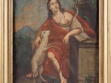 an old painting of a woman with a dog in a landscape