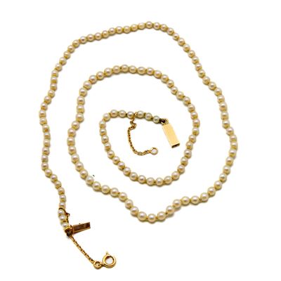 un gros plan d'un collier de perles muni d'un fermoir en or sur fond blanc