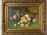 une peinture à l'huile représentant des fleurs dans un panier posé sur une table
