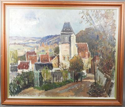 une peinture à l'huile représentant un village avec une tour horloge en arrière-plan