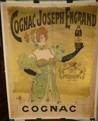 une vieille affiche représentant une femme tenant une bouteille de cognac