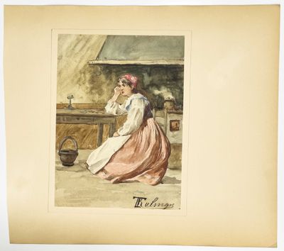 tableau représentant une femme en robe rose assise devant un poêle