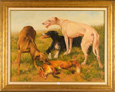 tableau représentant trois chiens jouant avec un oiseau mort dans un champ