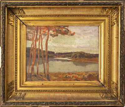 un tableau représentant un paysage avec des arbres et un lac en arrière-plan