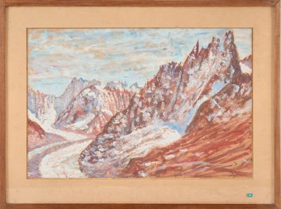 an oil painting of a mountain range with a river running through it