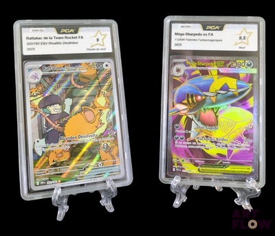 two pokemon cards in clear plastic holders on a black background