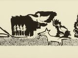 dessin représentant un groupe d'animaux dans un champ parsemé d'arbres, avec un camion