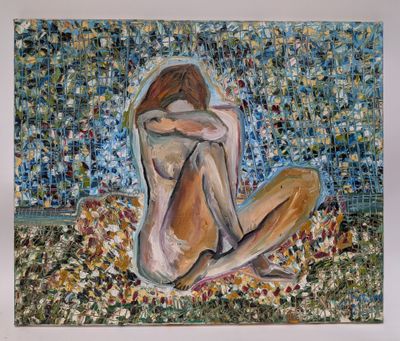 a painting of a woman sitting on the ground