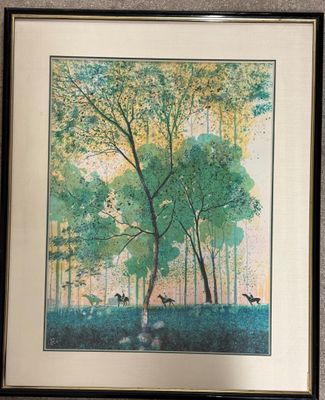 tableau encadré représentant une scène forestière avec des cerfs et des arbres
