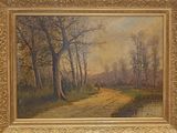 une peinture à l'huile représentant un homme marchant sur un chemin de terre au milieu d'un bois