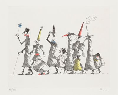 a drawing of a group of people with hats and brooms